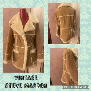- Rare Genuine leather faux fur Vintage Steve Madden sherpa coat tan and cream M